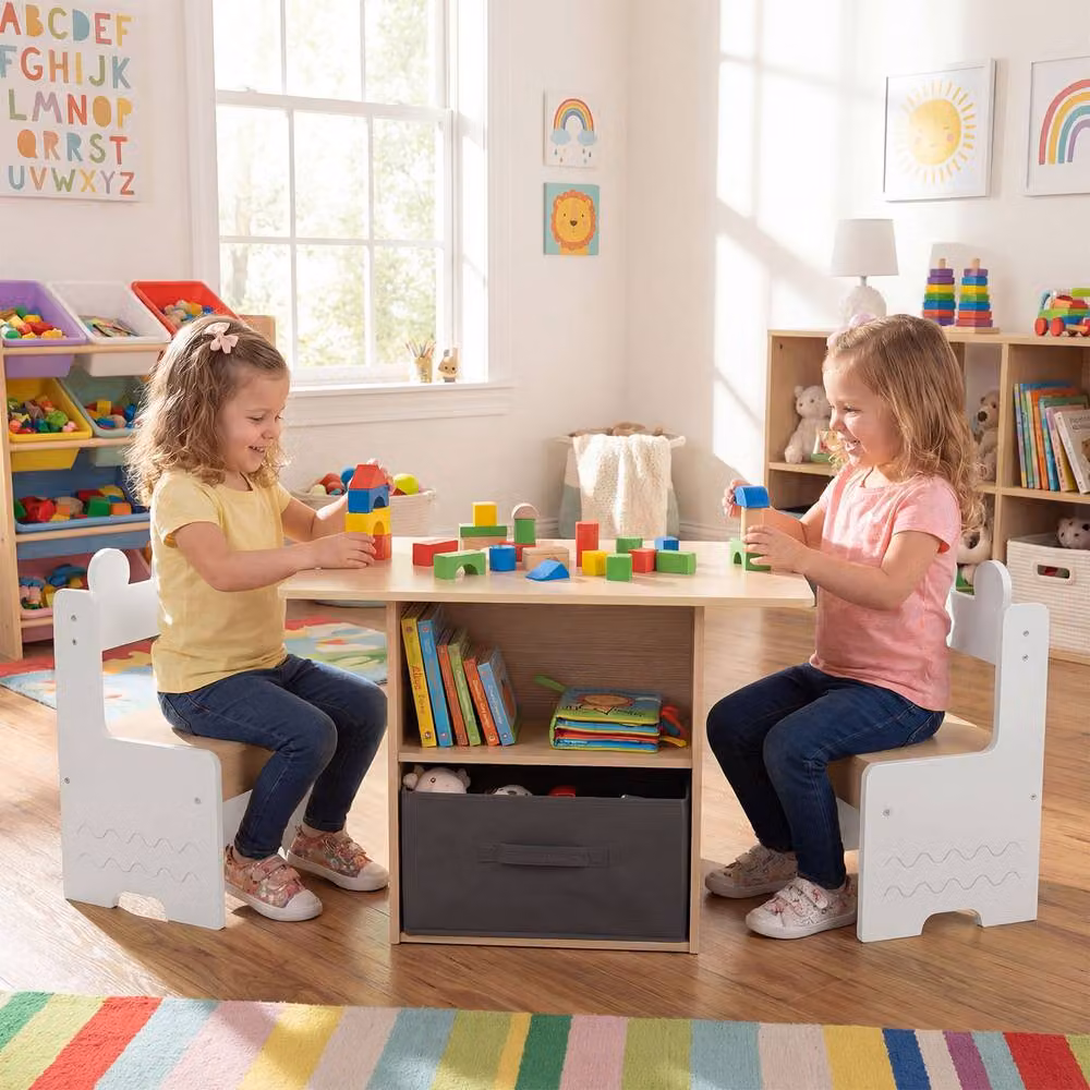 CASART Kids Wooden Activity Table and 2 Chairs Set with Drawer in Sand – 3