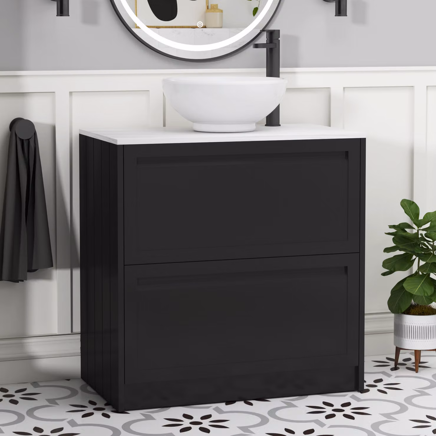 Royal Bathrooms Elmore 800mm Floor Standing Countertop Vanity Unit with 2 Drawers and Breeze Basin in Matt Nocturne Black