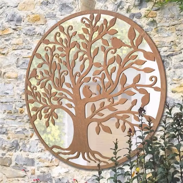 MirrorOutlet Bird Tree Design Round Garden Mirror in Brown, W/D/H: 100 x 100 x 1 cm