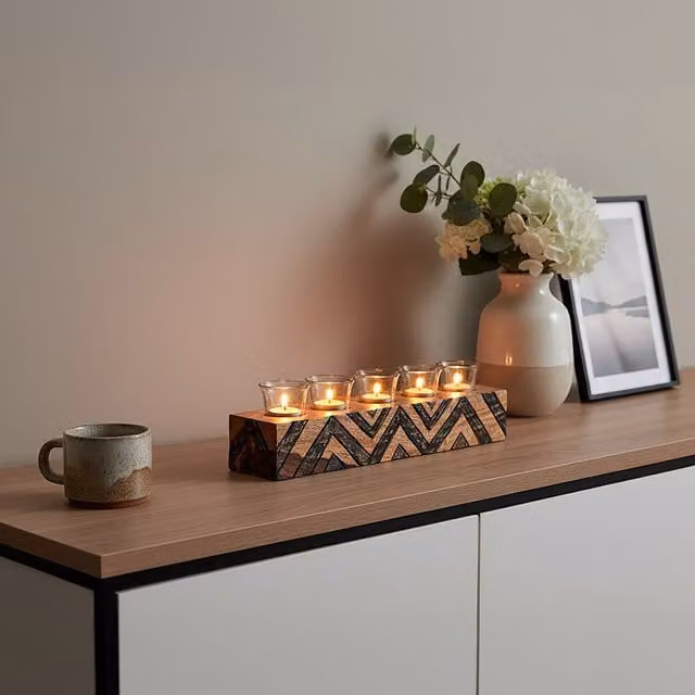 Orsina Bantu Tribal Geometric Wooden Tealight Holder in Brown and Black – 2