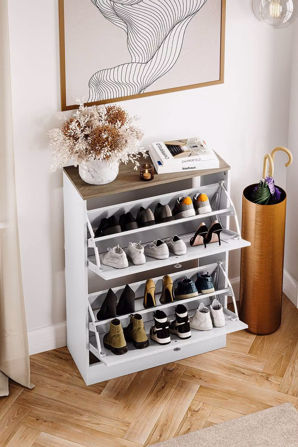 HD Designs Modern White 2 Drawer Flip Down Shoe Cabinet with Tilting Compartments – 4