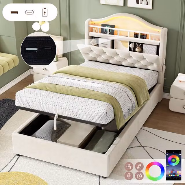 Matteo Single Hydraulic Velvet LED Bed Frame with Storage and Charging Station in Beige, W/D/H: 90 x 200 cm