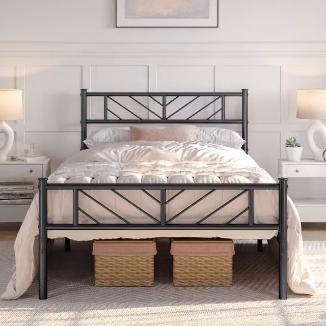 Yaheetech Minimalist Metal Bed Frame in Matt Black, W/D/H: 90 x 200 cm