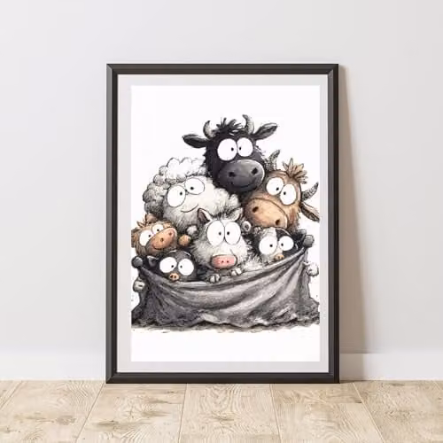 60 Second Makeover Quirky Farm Animals Print Wall Art Poster, Multicolour, A3