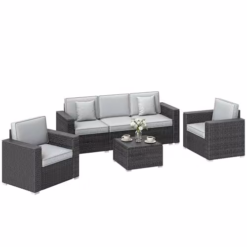 Outsunny 5 Seater Rattan Garden Furniture Set with Upholstered Cushions in Grey – 1