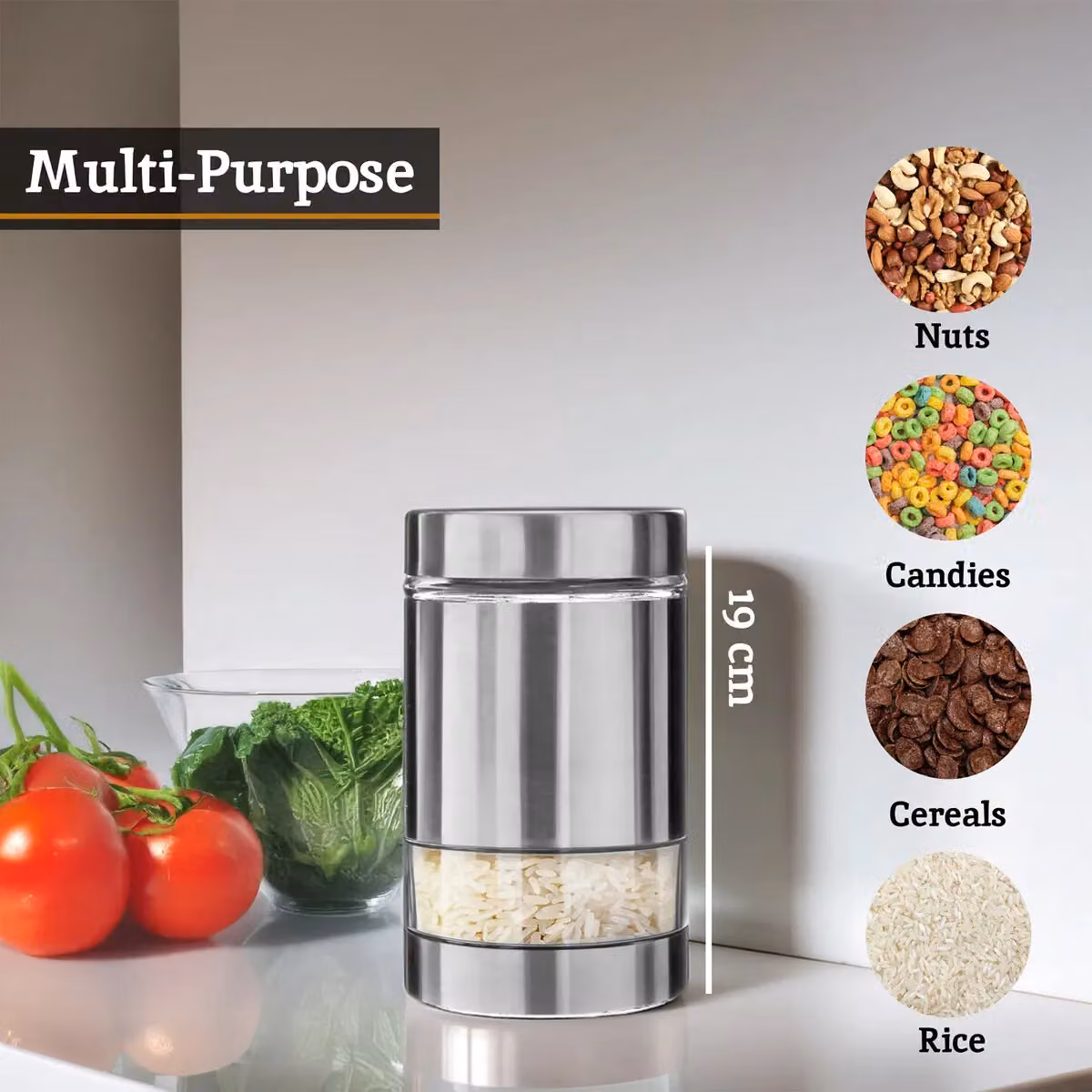 Orsina Stainless Steel and Glass Airtight Storage Jar, 1000ml, Silver – 2