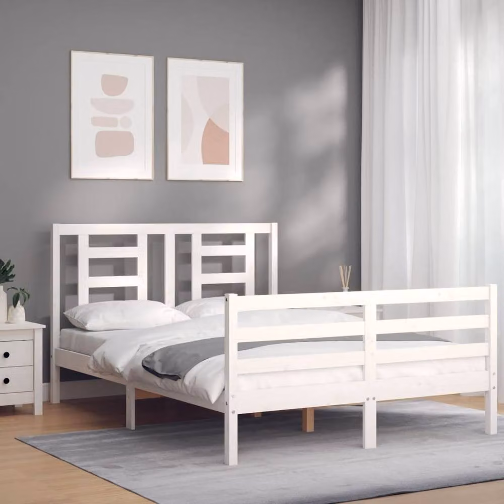 Berkfield Home White Solid Pine Bed Frame with Headboard W/D/H: 120 x 200 cm – 2