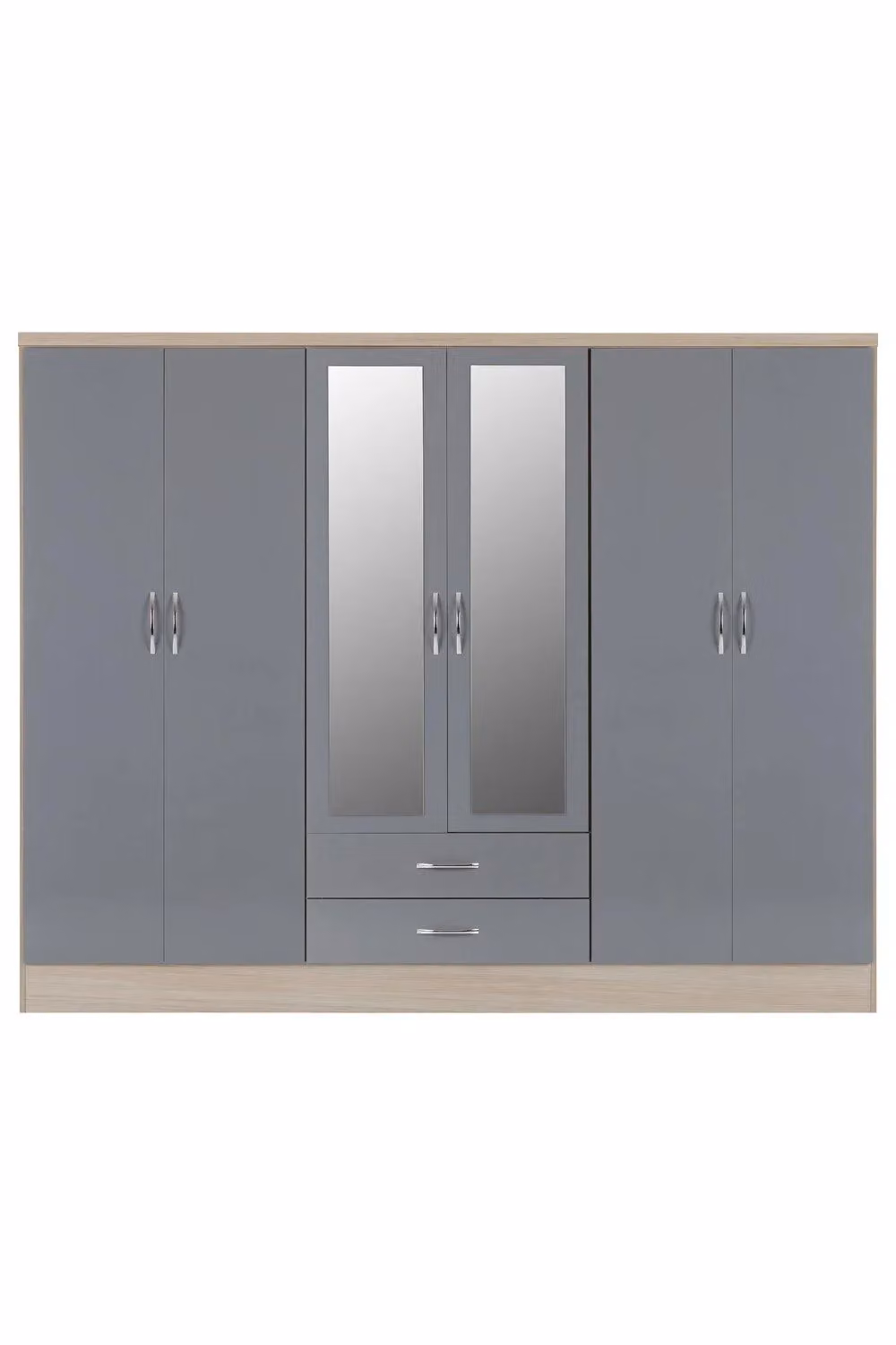 Seconique Nevada 6 Door 2 Drawer Mirrored Wardrobe in Grey Gloss and Oak, W/D/H: 182.5 x 52 x 230 cm – 3
