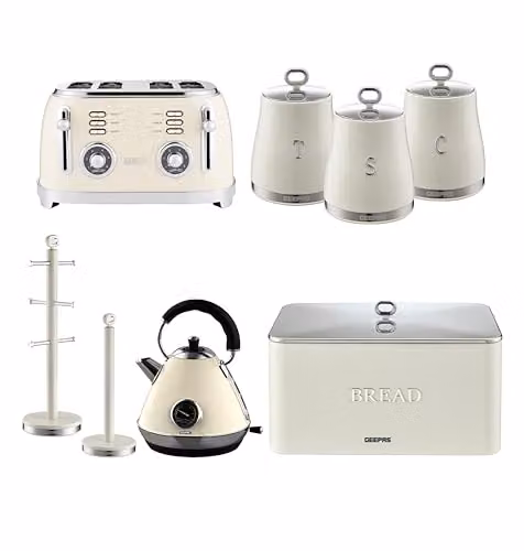 Geepas Retrovive 8-Piece Kitchen Set in Beige, including 1.7L Electric Kettle, 4-Slice Toaster, 3 Canisters, Bread Bin, Mug Tree and Towel Pole – 3