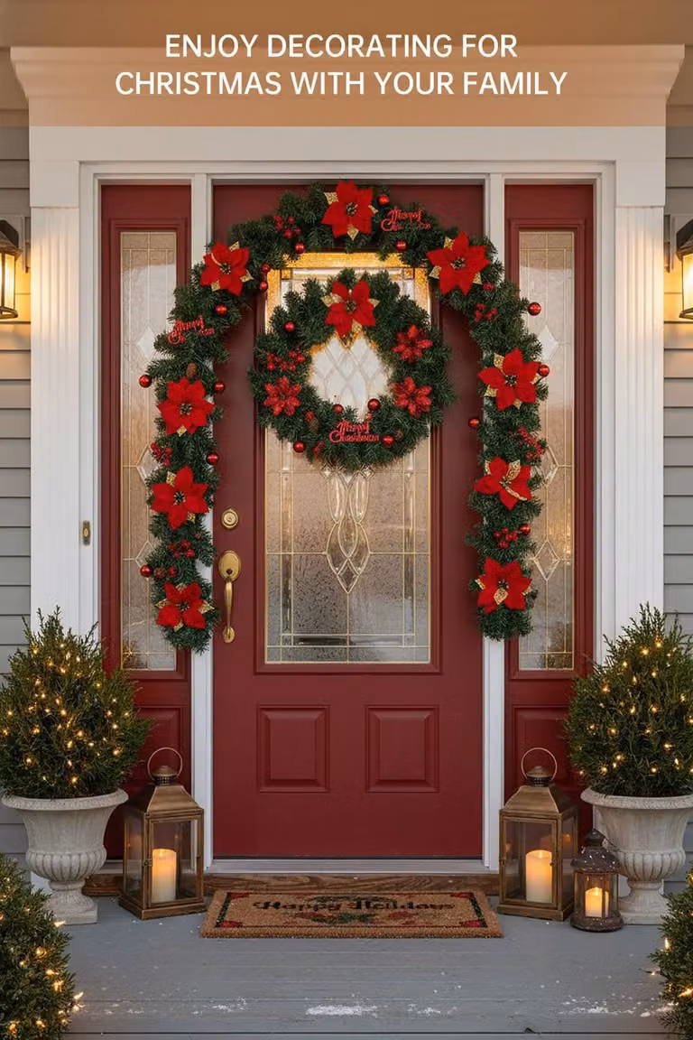 Living and Home 2.7m Christmas Garland with Red Poinsettia and Merry Christmas Sign