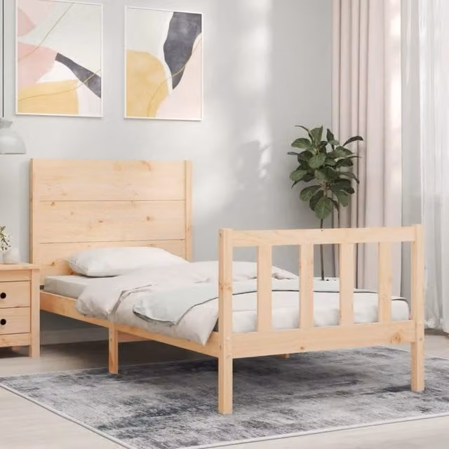 Berkfield Home Solid Wood Pine Bed Frame with Headboard in Brown, W/D/H: 90 x 200 cm