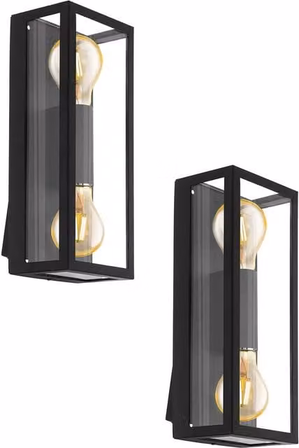 Loops 2 Pack Black IP44 Outdoor Wall Light with Square Transparent Glass Shade and E27 Socket – 1