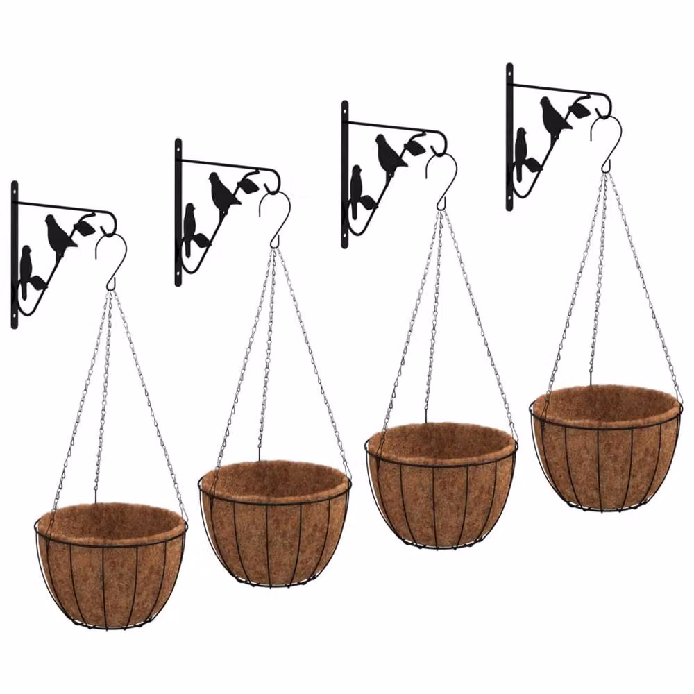 Berkfield Home Hanging Basket Brackets with Planters, 4 Piece Black Steel Set – 2