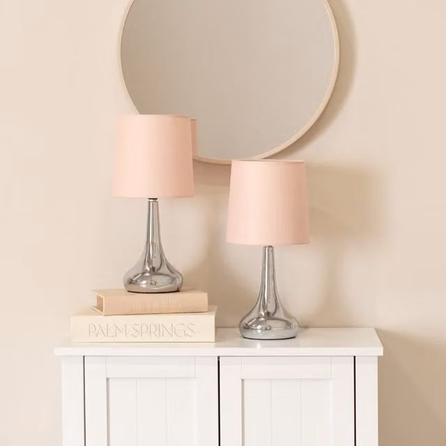 ValueLights Pair of Chrome Teardrop Touch Table Lamps with Fabric Shades and LED Bulbs, Pink