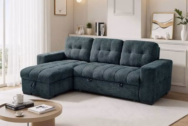 Beehive Furniture Porto Reversible L-Shape Corner Sofa Bed in Blue Fabric