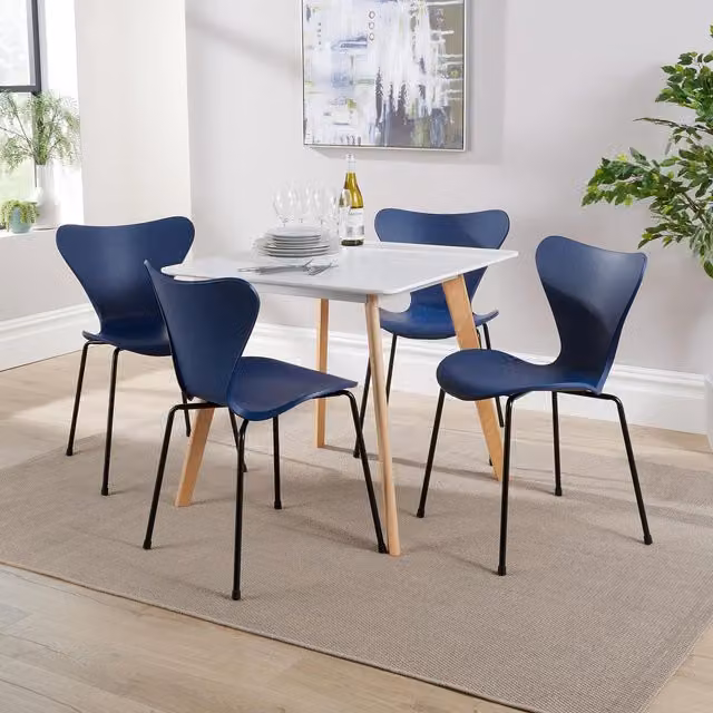 Home Source Trinity Dining Set with Square Table and 4 Penny Chairs in White and Navy – 1