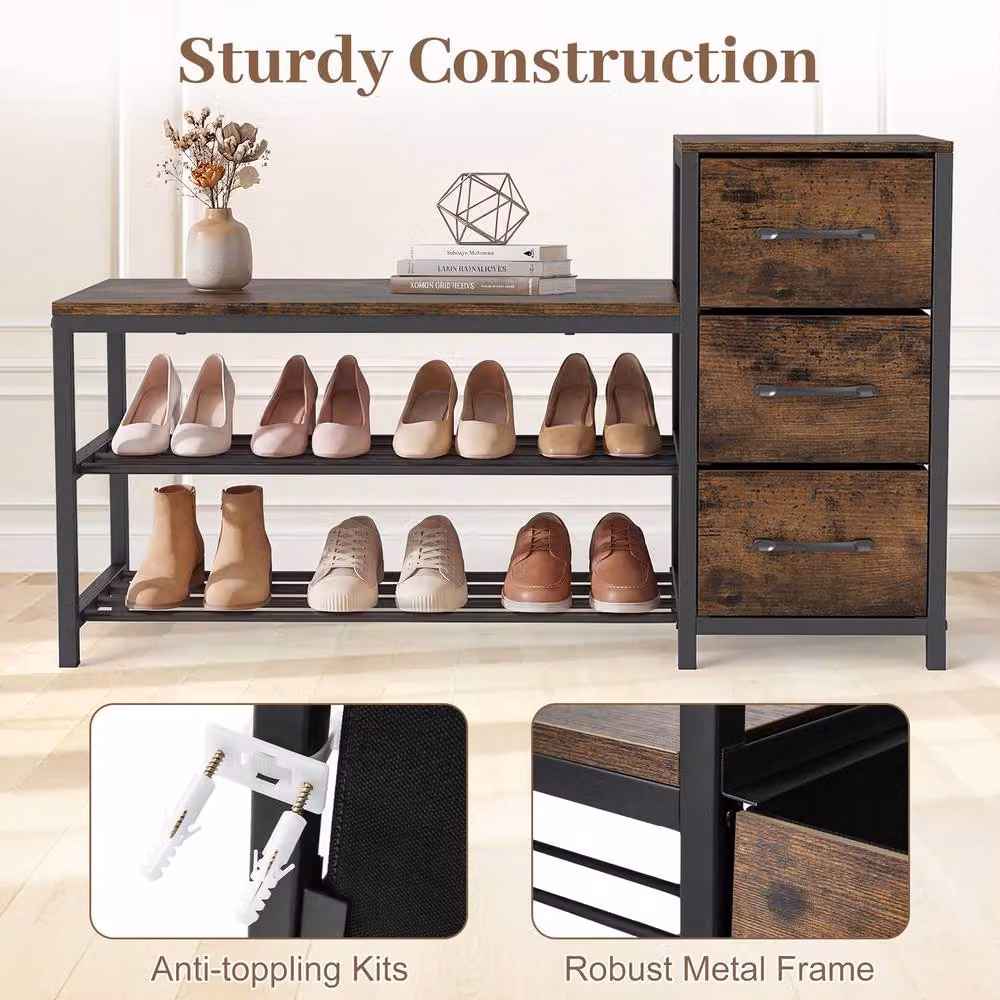 Costway Modern 3-Tier Shoe Bench and Shoe Rack Organizer in Brown – 8