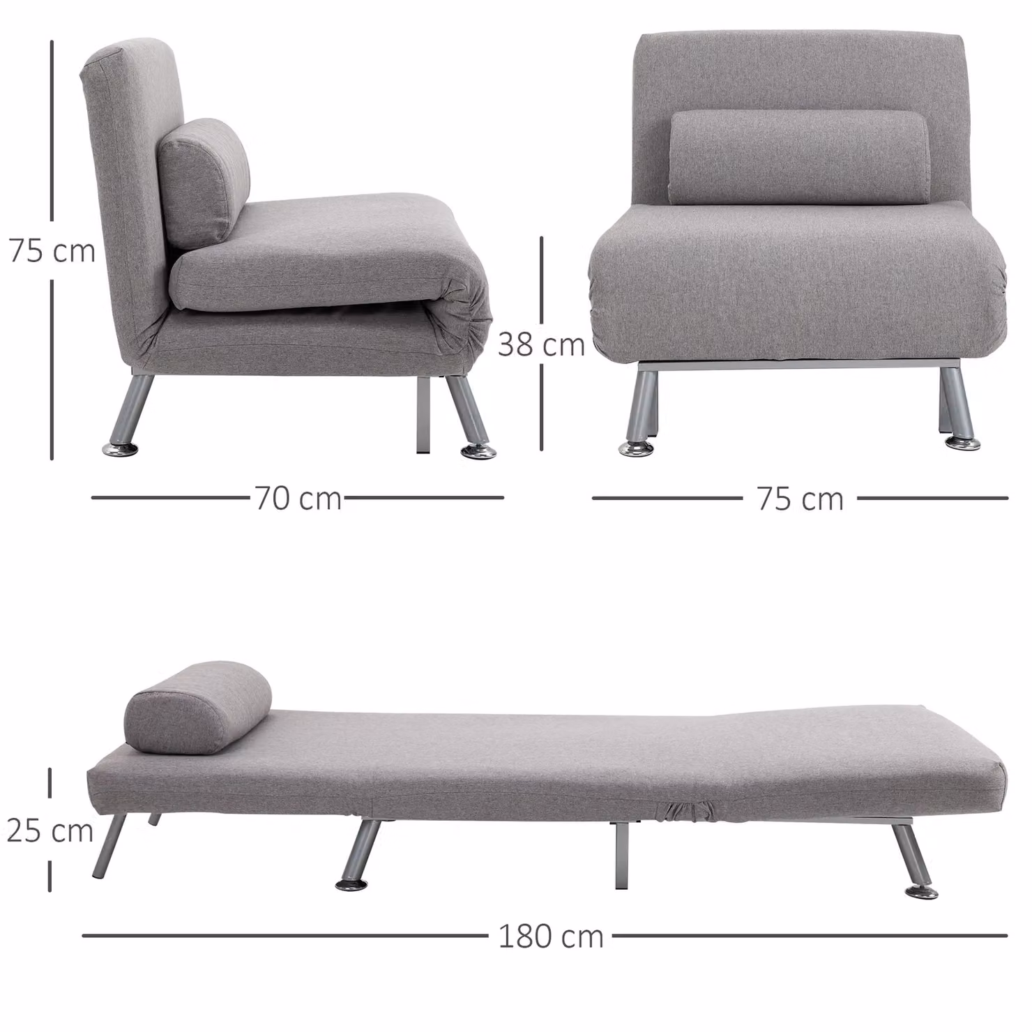 HOMCOM Single Folding 5 Position Convertible Sleeper Chair Sofa Bed in Dark Grey – 3
