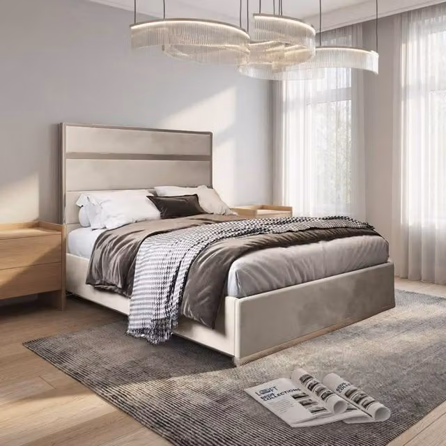 KDMD Horam Small Double Upholstered Velvet Designer Bed Frame in Beige and Cream with Metal Details, W/D/H: 120 x 200 cm – 1