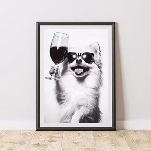 60 Second Makeover Funny Pomeranian Drinking Wine Black and White Paper Poster, A4