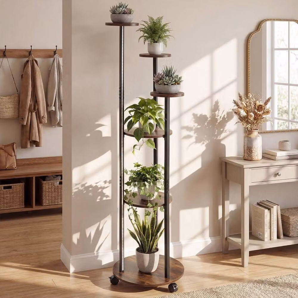Gymax 6-Tier Round Metal Indoor Plant Stand with Wheels and 16-Colour LED Lights in Brown – 5