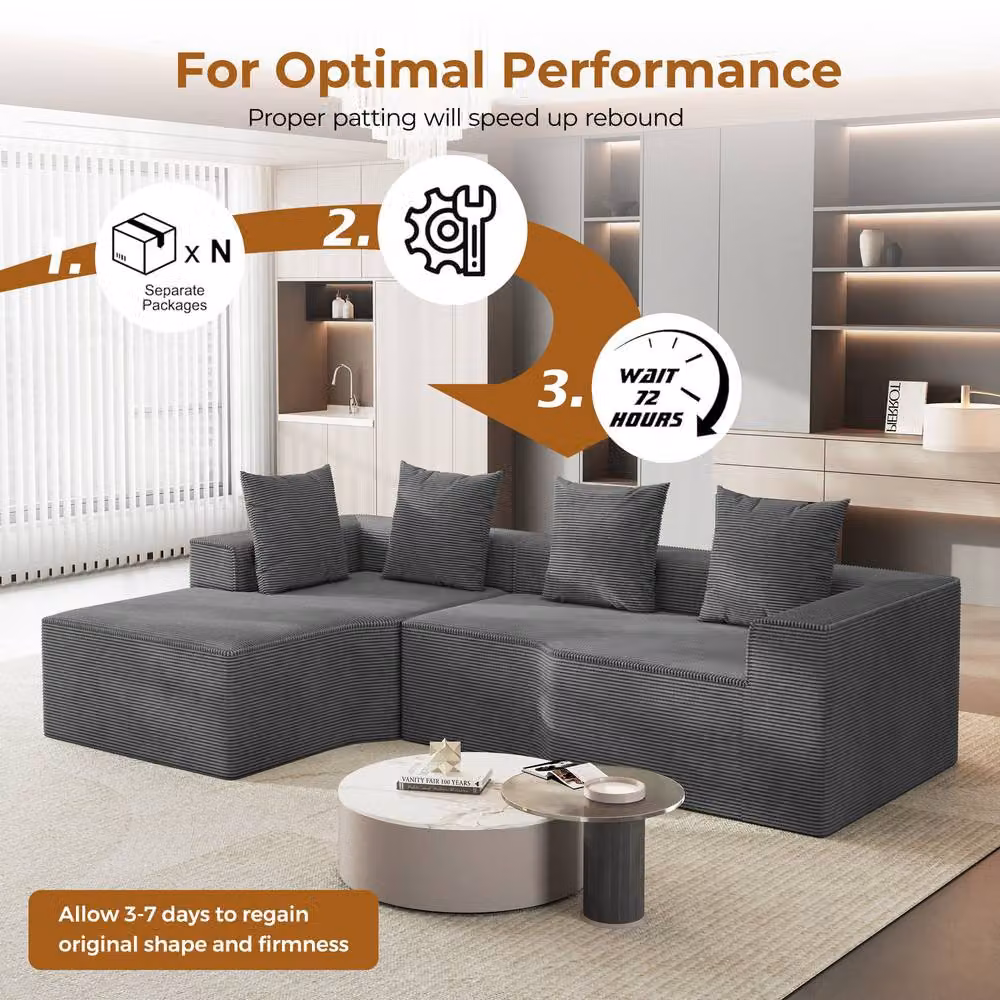 Dprodo Grey Corduroy Left-Facing L-Shaped Modular Sofa with Scatter Cushions – 4