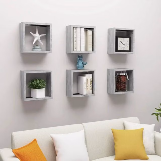 Berkfield Home Wall Mounted Cube Shelves, 6 Piece Set in Concrete Grey, W/D/H: 30 x 15 x 30 cm