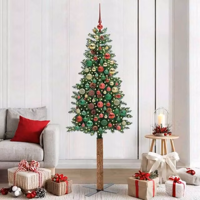 Berkfield Home Slim Green Christmas Tree, Height: 210 cm, PVC and Solid Pine Wood