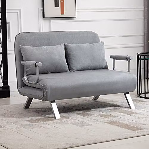 HOMCOM 2 Seater Click Clack Sofa Bed in Grey, Modern Microfibre Upholstered Convertible Settee with 2 Scatter Cushions – 2