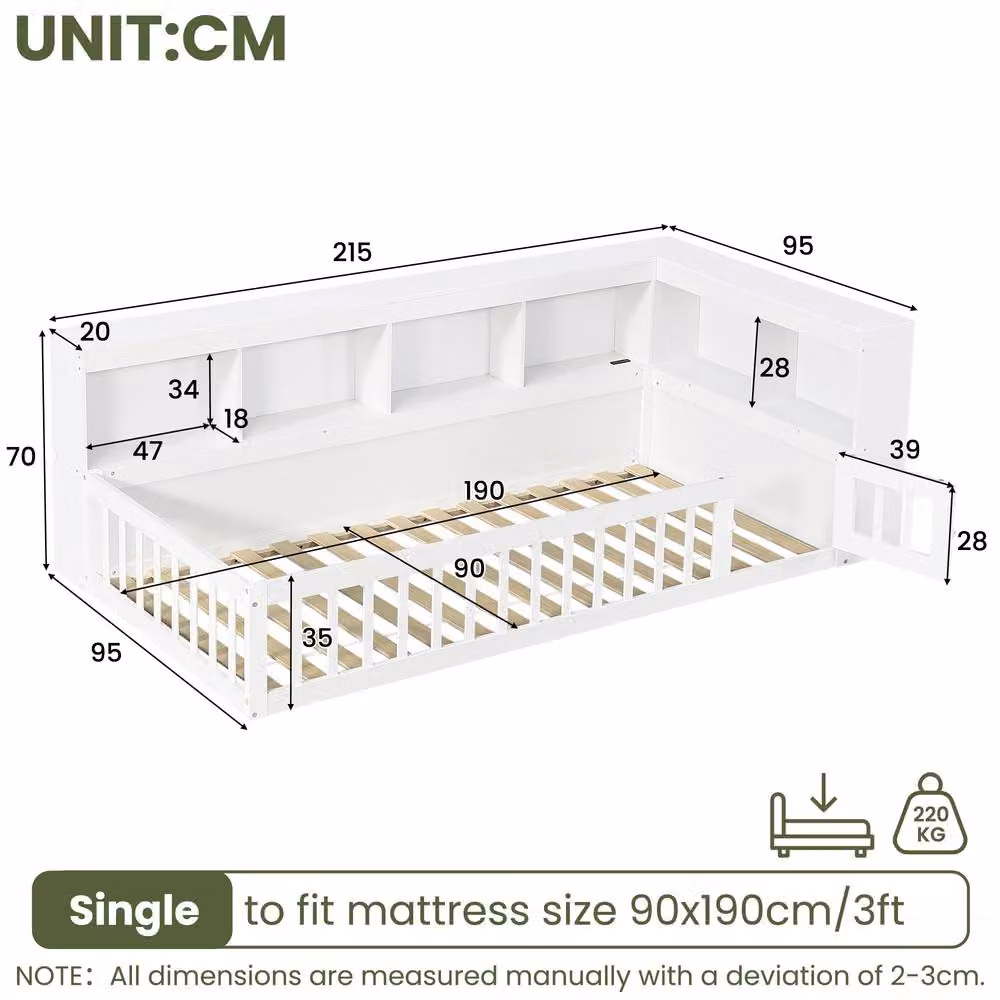 BTM Single White Floor Bed with USB Charging Port and Bookcase Storage, W/D/H: 90 x 190 cm – 2