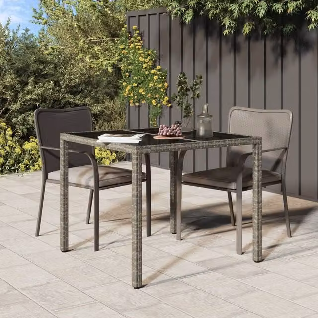 Berkfield Home Garden Grey Poly Rattan Dining Table with Glass Top, W/D/H: 90 x 90 x 75 cm – 1