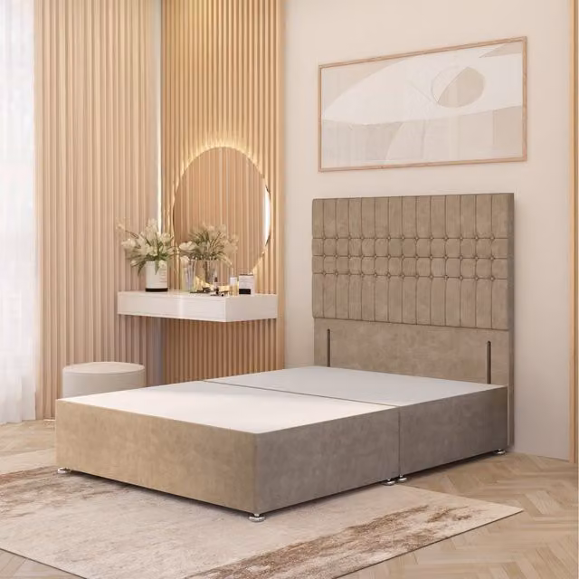 Somnior Beds Ltd Lexington Divan Bed Base with 54 inch Floor Standing Headboard in Beige Plush Velvet, W/D/H: 120 x 200 cm