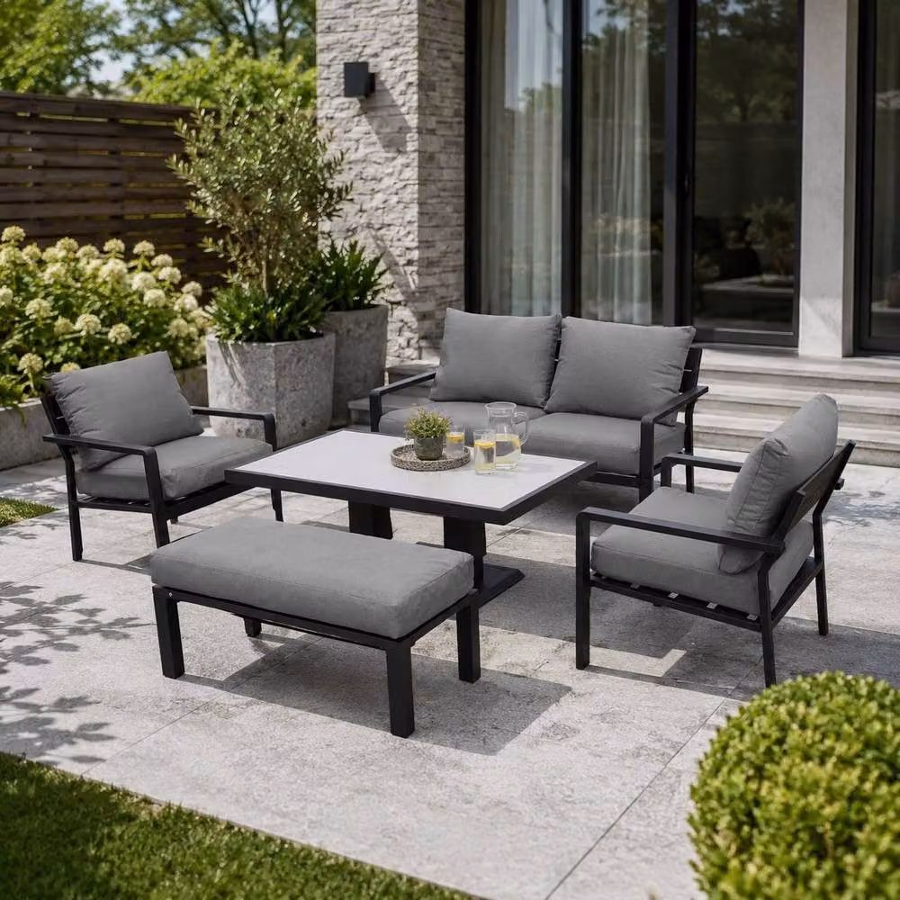 Shatchi 4 Seater Grey Aluminium Garden Sofa Set with Height Adjustable Gas Lift Glass Table – 7