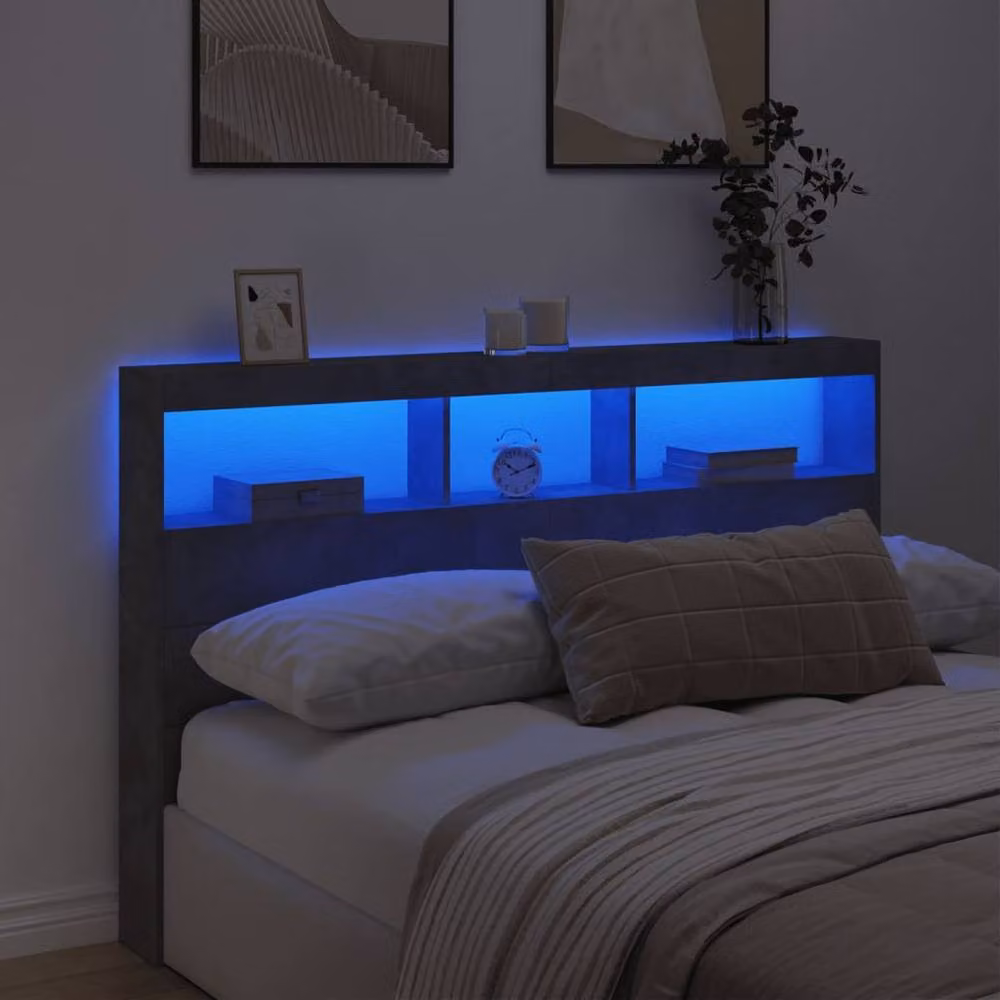 Berkfield Home Modern Headboard Cabinet with LED Lighting and USB Charging Port in Concrete Grey, W: 160 cm, D: 17 cm, H: 102 cm – 3