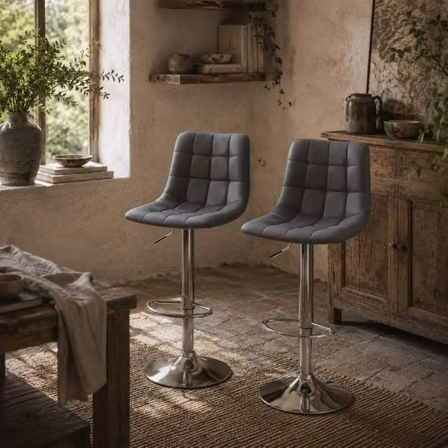 Wyld Haus Set of 2 Grey Tufted Faux Leather Swivel Bar Stools with Back Support