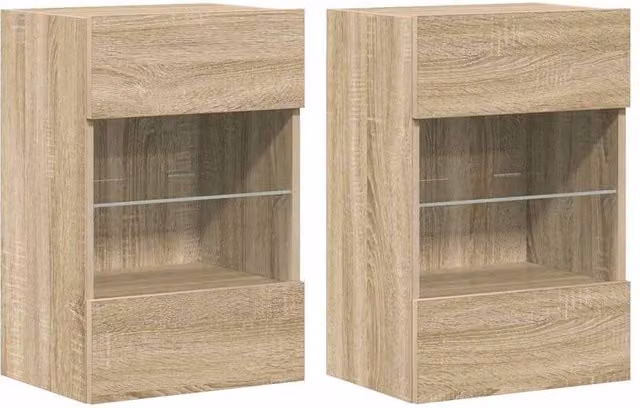 Berkfield Home Set of 2 Wall Mounted TV Cabinets with Integrated LED Lights in Sonoma Oak and Beige, W/D/H: 40 x 30 x 60.5 cm – 1