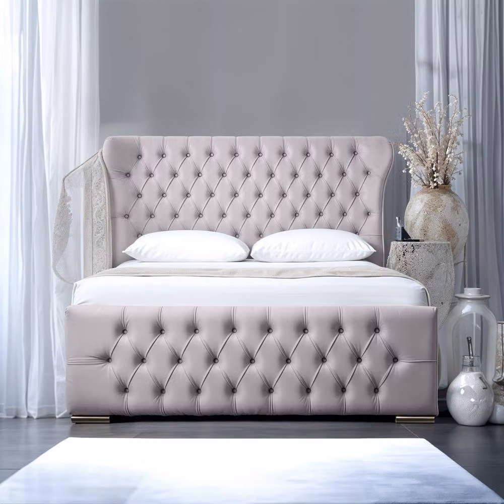 UK Bed Furniture Isabella Upholstered Slatted Base Bed with 48 Inch Wingback Headboard in Silver, Size: Single (W/D/H: 90 x 190 cm) – 2