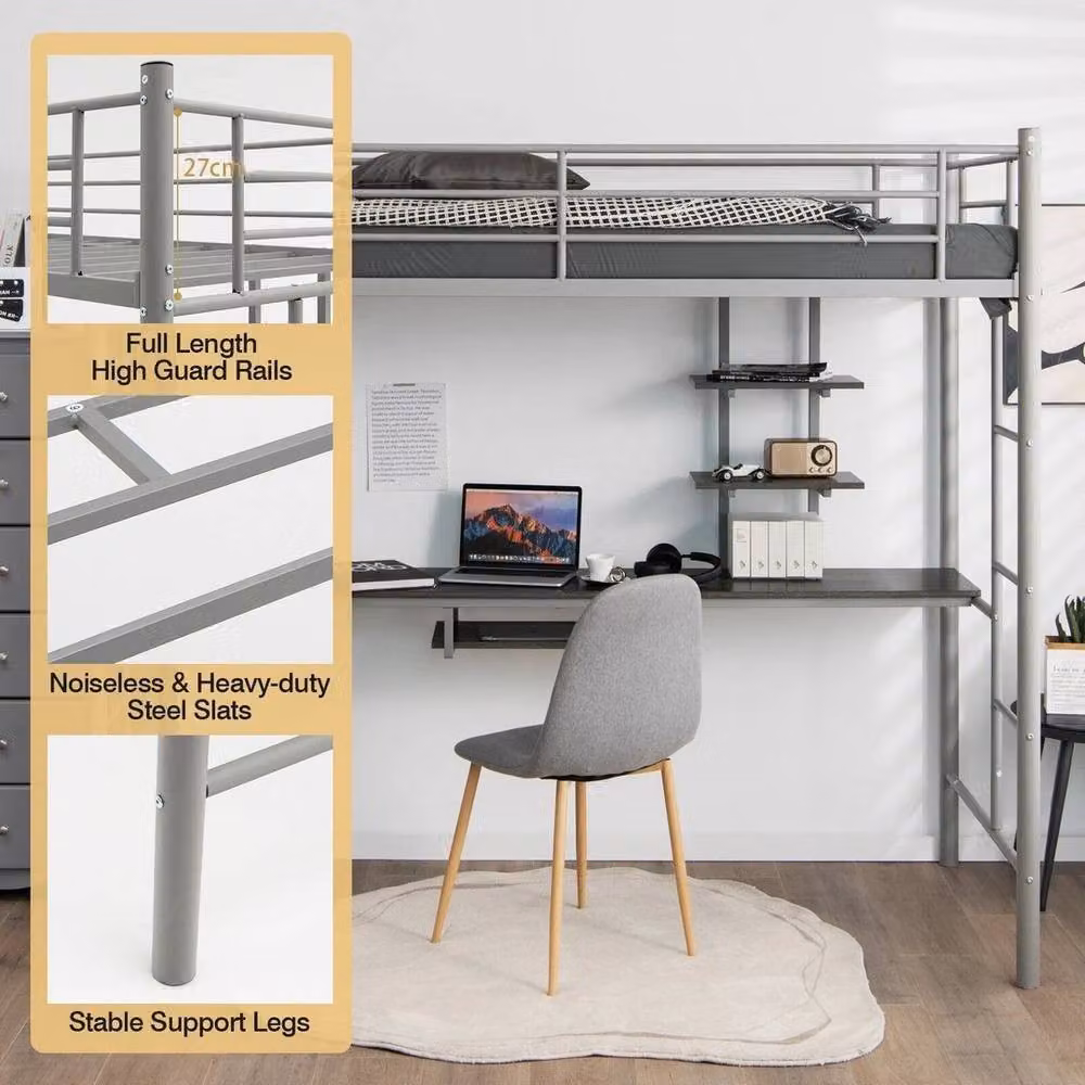 PAWNORA Single Metal Loft Bed Frame in Grey, W/D/H: 90 x 190 cm – 3