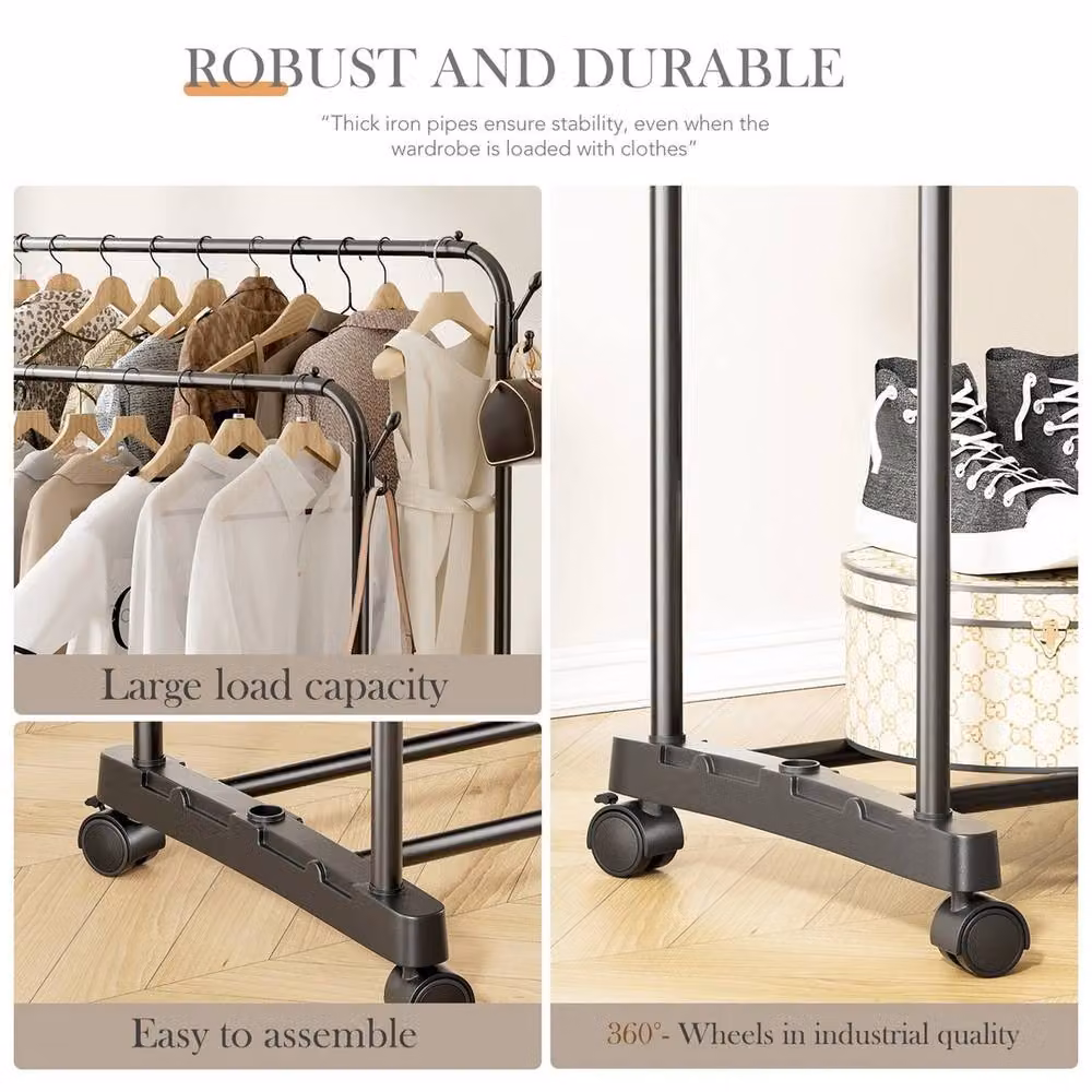 FORGEVIO Heavy Duty Double Clothes Rail Hanging Rack in Matt Black Metal – 3