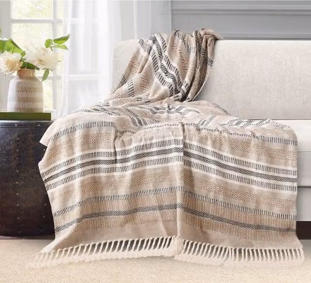 Velosso Woven Cotton Ethnic Geometric Throw with Fringes, Beige, W: 152 cm