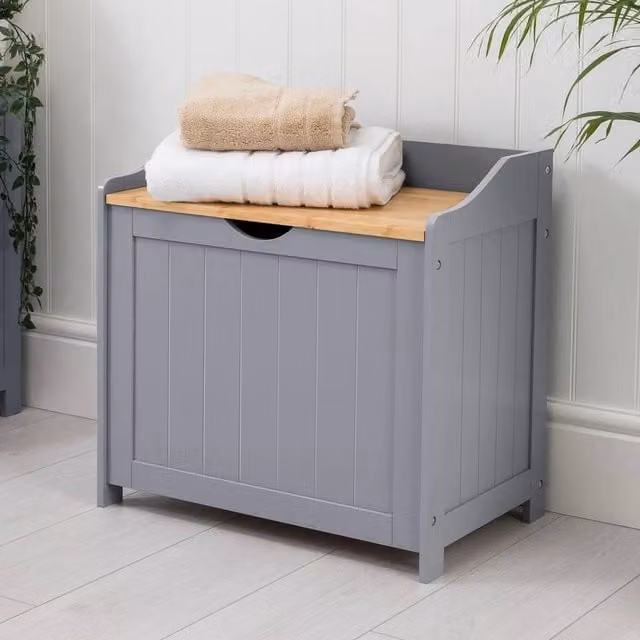 FORGEVIO Grey Wooden Laundry Chest with Bamboo Lid and Multicolour Accents