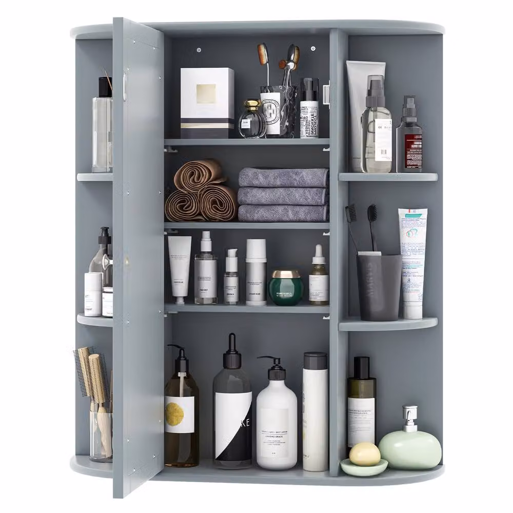 Costway Grey Wooden Wall Mounted Bathroom Medicine Cabinet with Mirror and Internal Shelves – 7