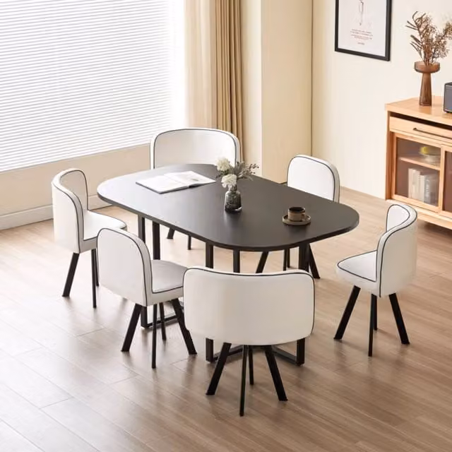 Comfy Living Ltd Modern Square Dining Table Set with 6 White Chairs, Black Table, W: 150 cm, D: 150 cm, H: 72 cm – 1