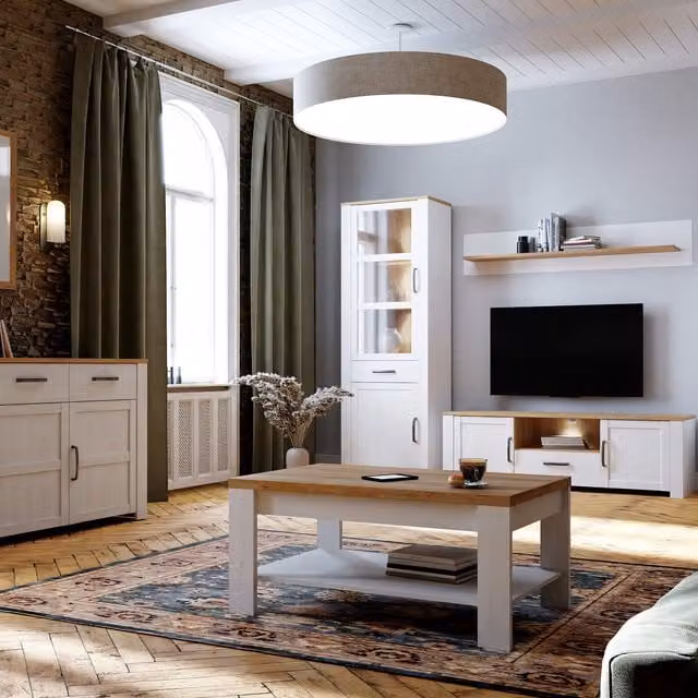 Furniture To Go Bohol Narrow Tall Display Cabinet in White Riviera Oak with Glass Doors and Integrated LED Lighting