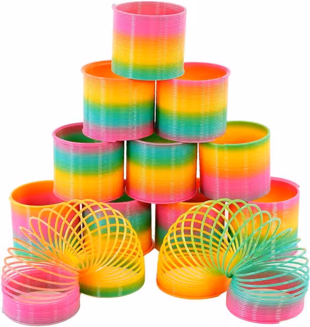 The Magic Toy Shop Set of 12 Rainbow Large Slinky Spring Sensory Toys in Yellow and Multicolour