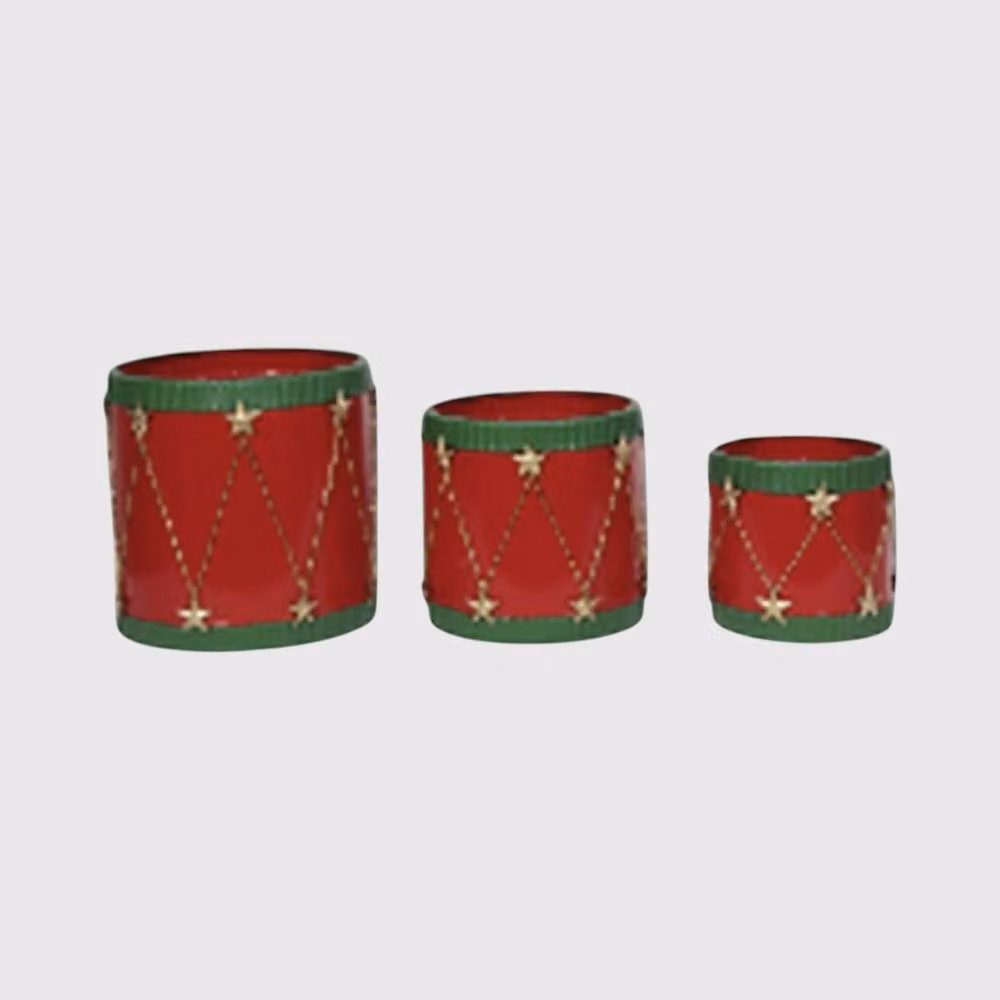 Four Candle Set of 3 Red, Green and Gold Ceramic Christmas Decorative Tabletop Plant Pots