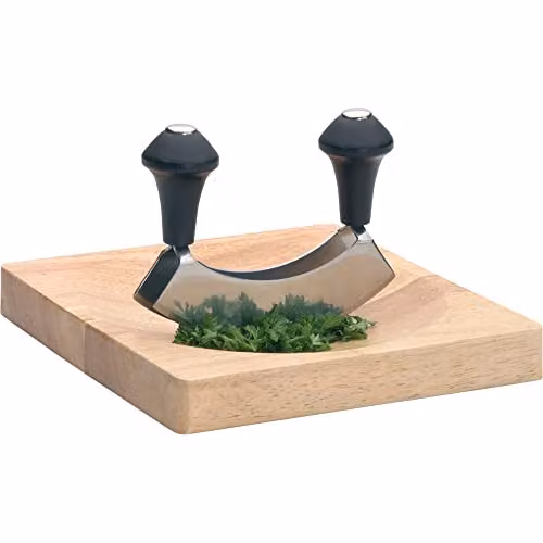 KitchenCraft Mezzaluna Chopper and Wooden Chopping Board 2 Piece Set in Silver and Black