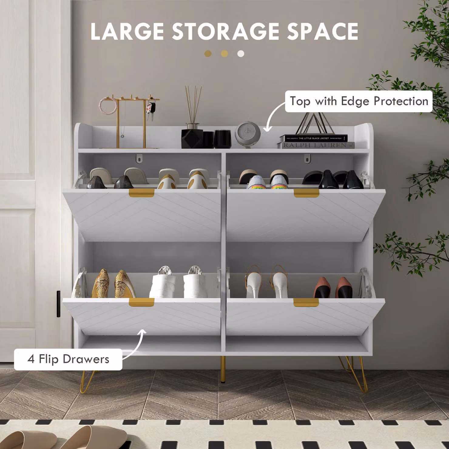 HOMCOM Narrow White Shoe Storage Cabinet with 4 Tilting Drawers and Adjustable Shelves for 16 Pairs of Shoes – 3
