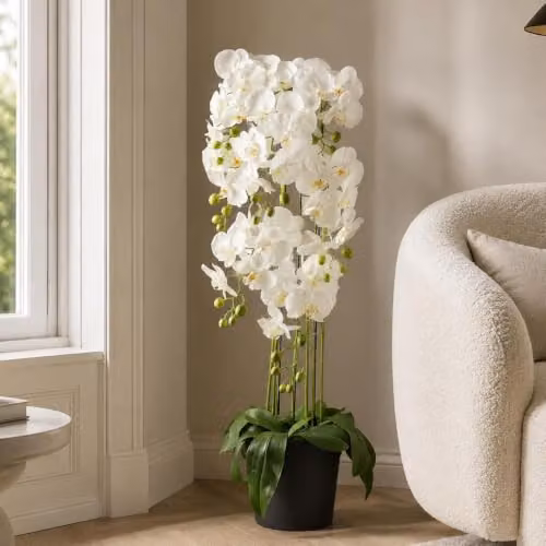 Leaf Design UK Realistic White Artificial Orchid Plant in Green Pot, Height: 110 cm – 3
