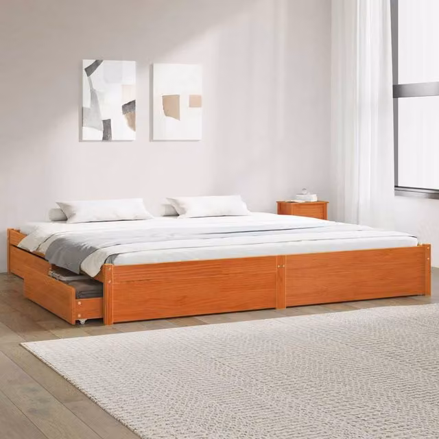 Berkfield Home Solid Pine Wood Bed Frame with Drawers, Wax Brown, 180 x 200 cm